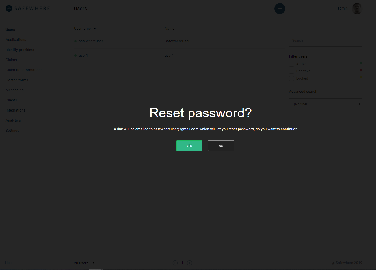 Send reset password link dialog